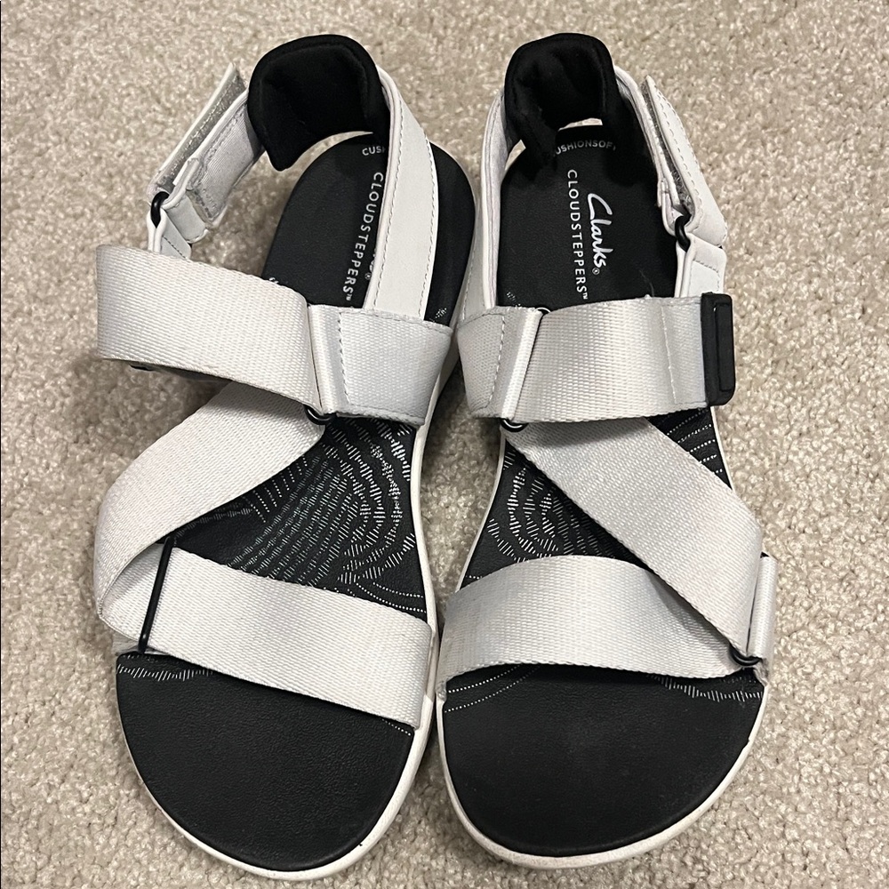 Clarks Black and White Sandals with Crisscross Straps
